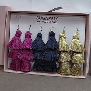 Sugarfix by BaubleBar Triple Tassel Earrings - Fuchsia, Navy, Gold